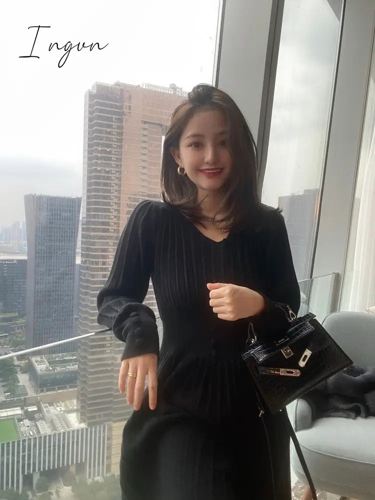 Ingvn - Knitted Dress Women Casual Long Sleeve Vintage Elegant Office Sweater Dress Female Spring One-piece Dress Korean Outerwear