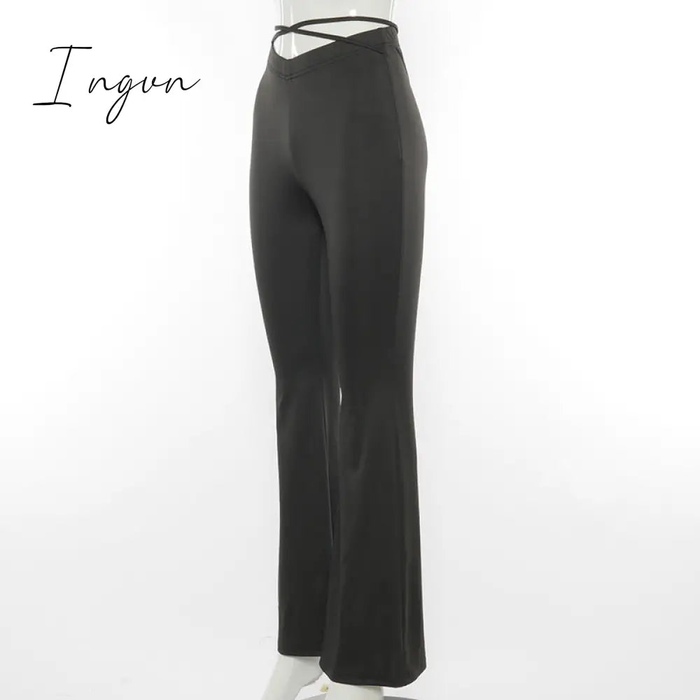 Ingvn - Fashion Trends Cyber Y2k Flare Pants E Girl Style Sexy Strechy Trousers Women Lace Up V Waist Low Rise Harajuku Black Pants C85-BB22