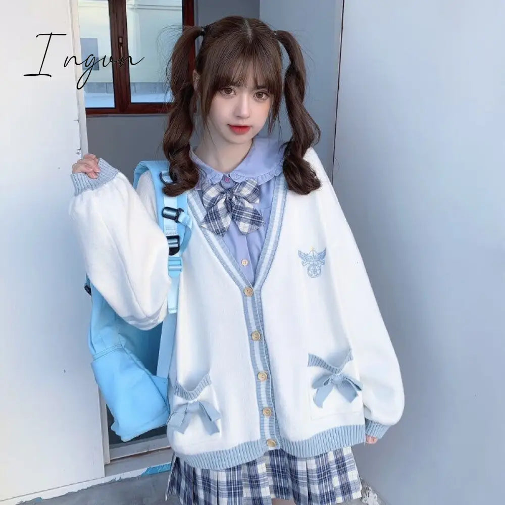 Ingvn - Spring Japanese Kawaii Fashion Pink Cardigan Women Harajuku Knitted Sweater Cute Bow Heart Korean College Style JK Uniform Coat