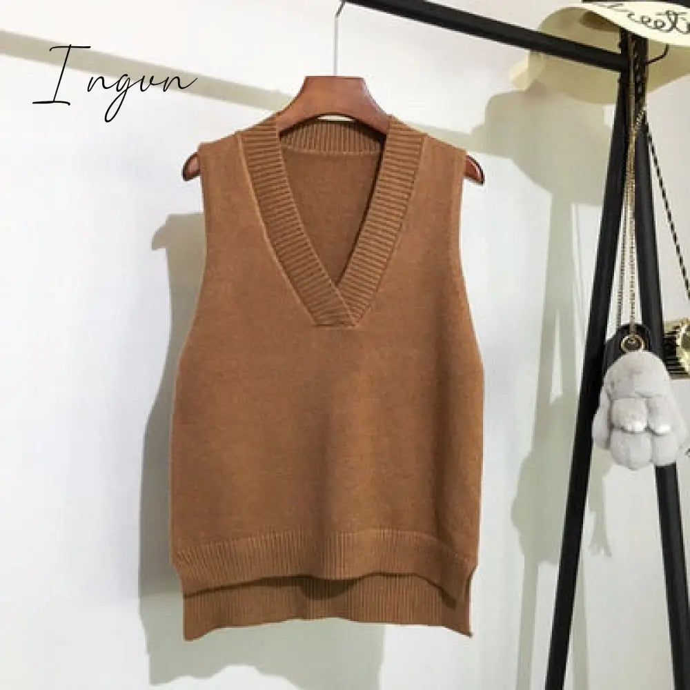 Ingvn - Autumn Women's Sweater Vest V-neck Sleeveless Irregular Casual Loose Knitted Pullover Tops Female Outerwear