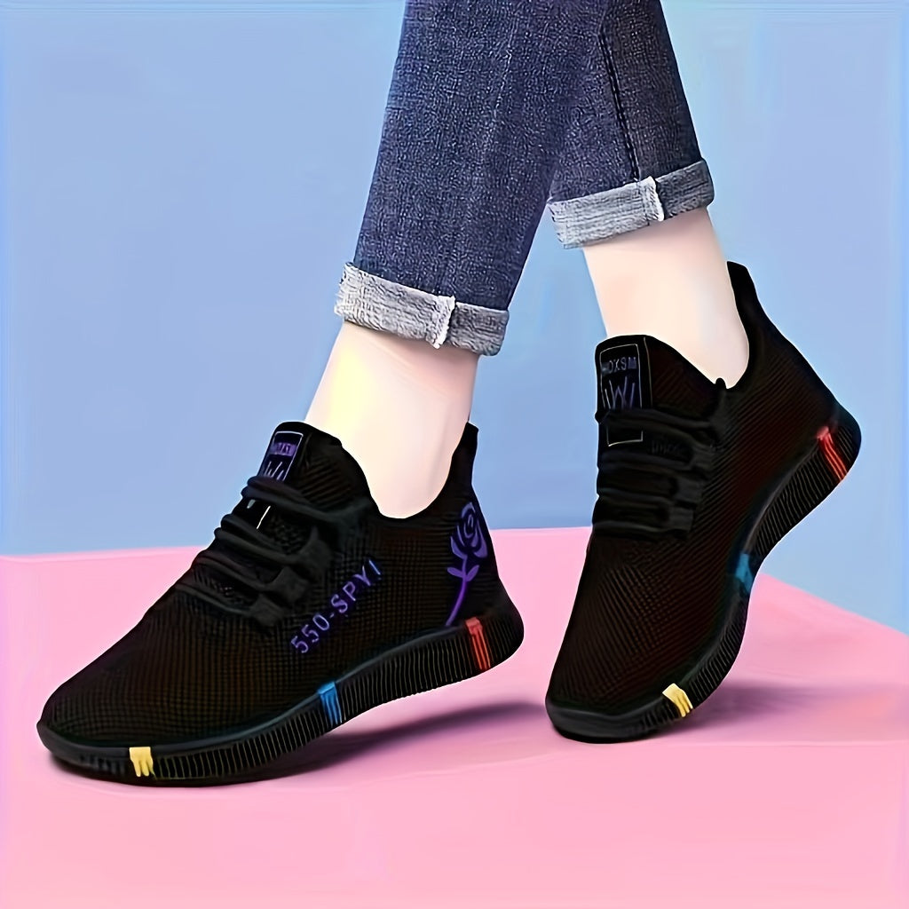 Women's Rose Pattern Sports Shoes, Stylish Low Top Walking Sneakers, Lightweight & Breathable Outdoor Trainers