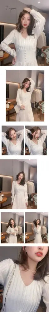 Ingvn - Knitted Dress Women Casual Long Sleeve Vintage Elegant Office Sweater Dress Female Spring One-piece Dress Korean Outerwear
