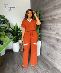 Ingvn - Summer Fashion Casual Two Piece Set Women V Neck Short-sleeved T-shirt Elastic Straight Pants Two Piece Suit Women