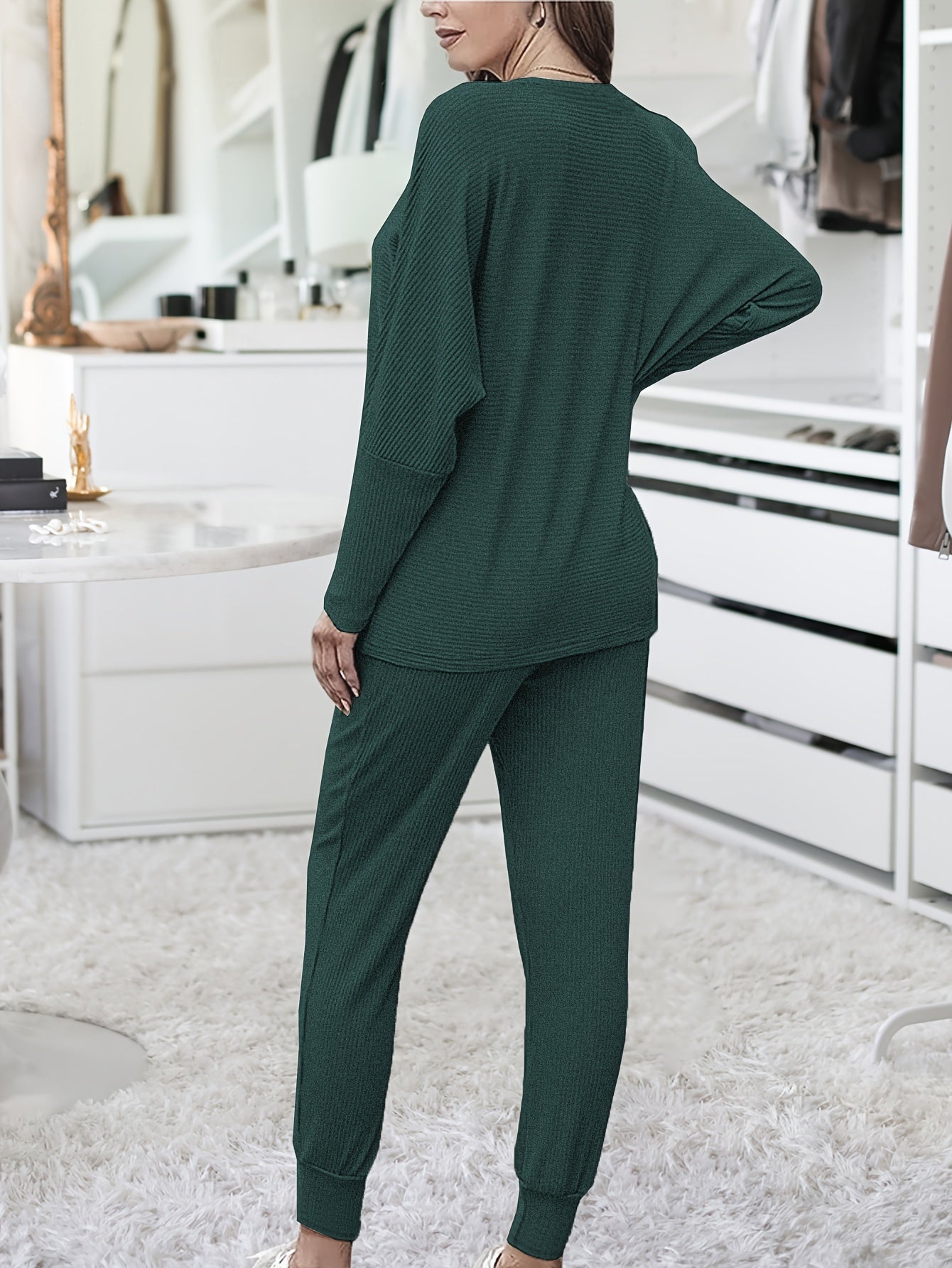 Cozy Womens Ribbed Lounge Set - Soft High-Elasticity Polyester, Crew Neck, Batwing Sleeve, Relaxed Fit, Pockets, Machine Washable, Perfect for Fall and Winter Season