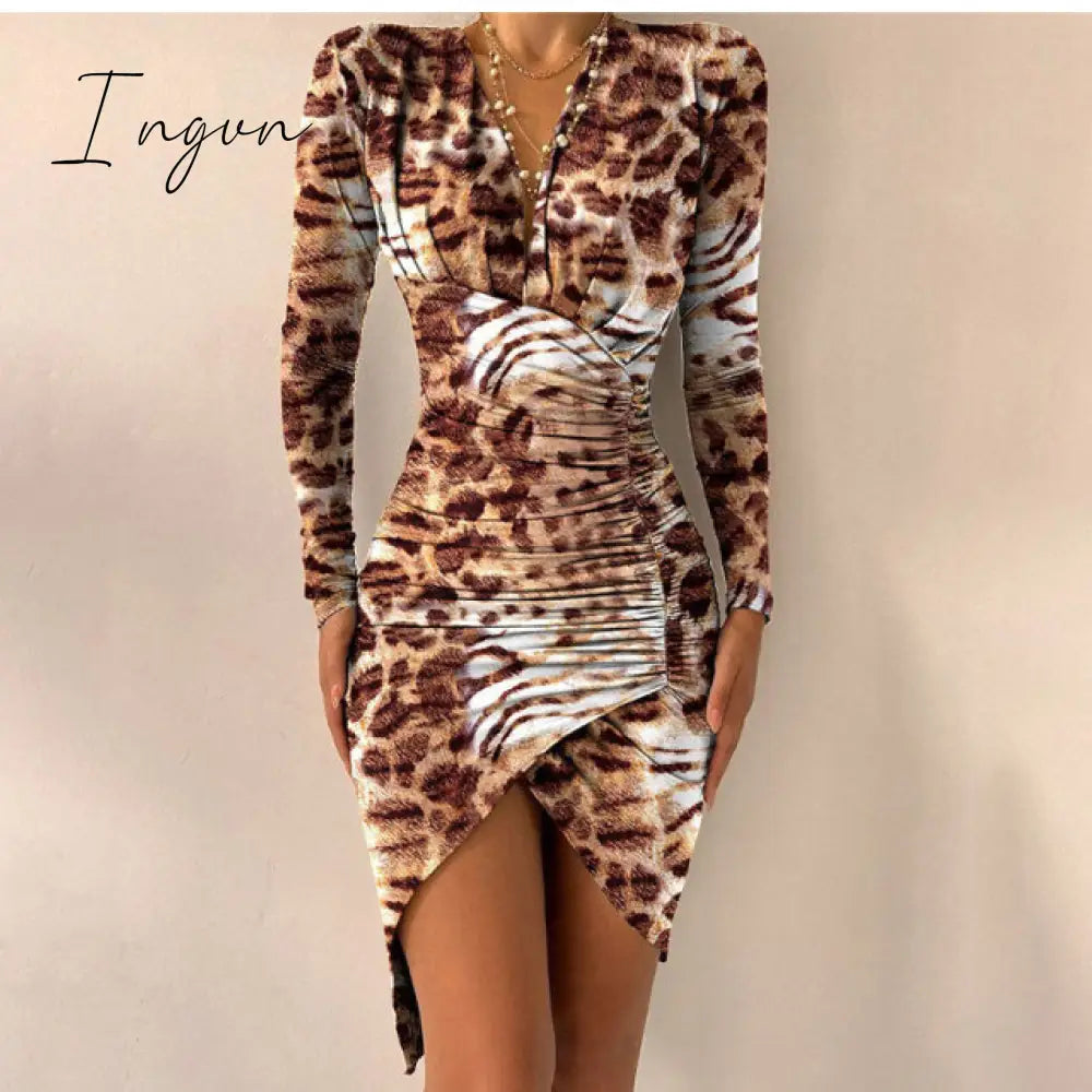 Ingvn - Women's Spring Sexy Package Hips Long-sleeve V-neck Printed Slit Dress Clothing Summer Black Bodycon Dresses For Women Party
