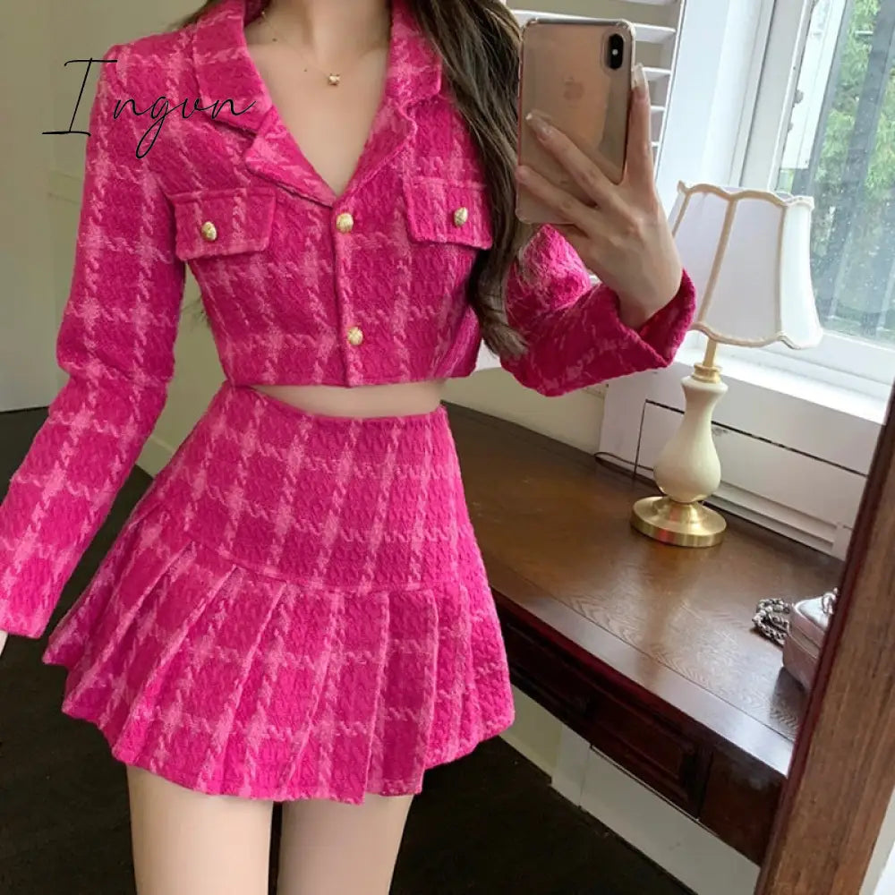 Ingvn - High Quality Fall Small Fragrance Vintage Tweed Two Piece Set Women Crop Top Woolen Short Jacket Coat + Mini Skirts Sets Sweet 2 Piece Suits
