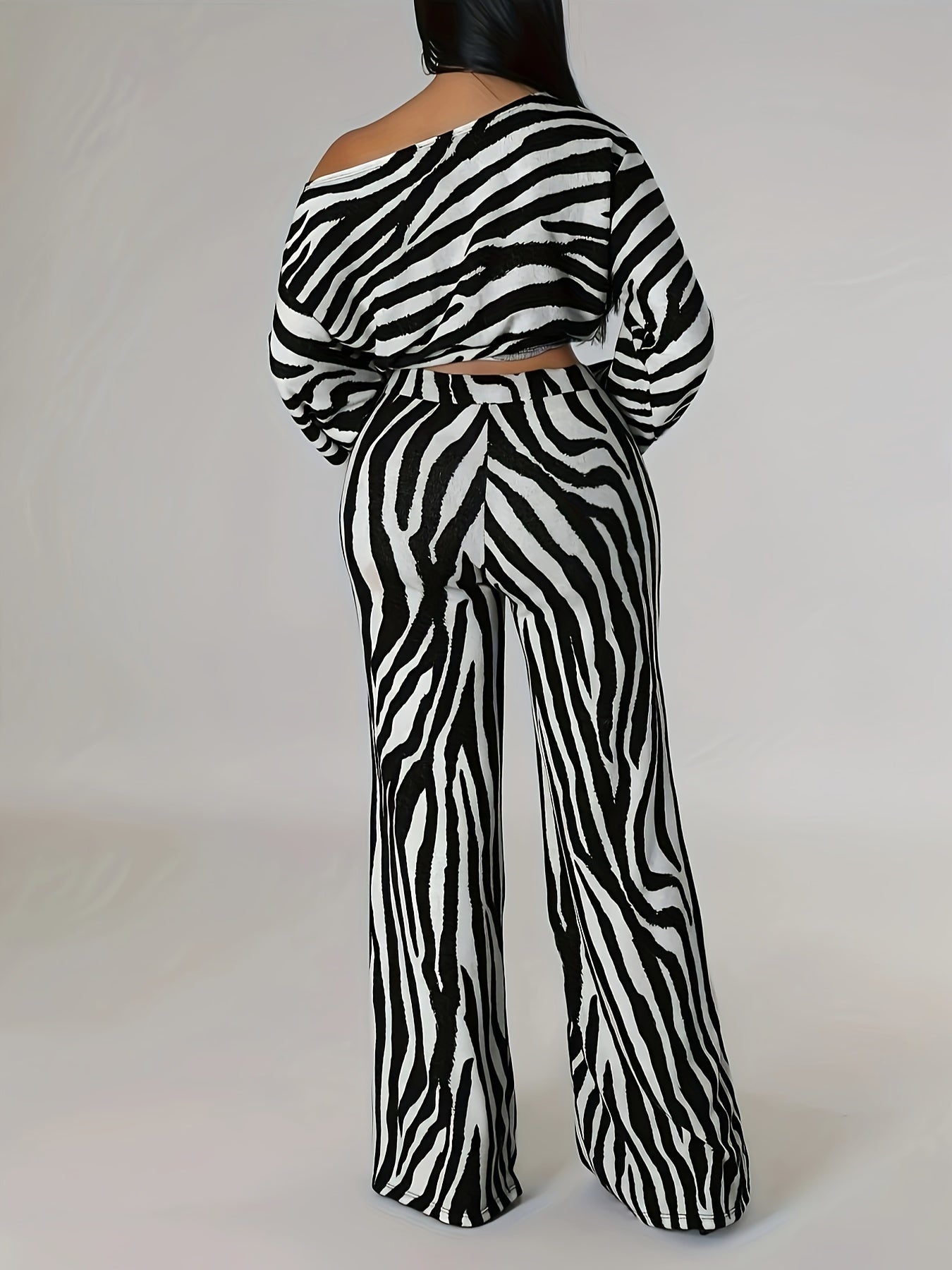 Long Sleeve Cut Out Crop Top & Wide Leg High Waist Pants Set, Zebra Pattern Elegant Outfits, Women's Clothing