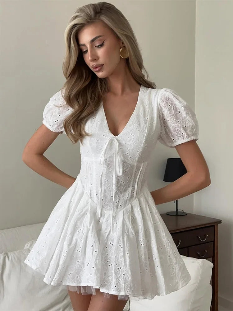 Trendix Yellow Elegant Dress Women Summer Sexy Deep V Neck Lace Up Short Sleeve Dresses Street Casual Vacation Ruffle Mini Dress