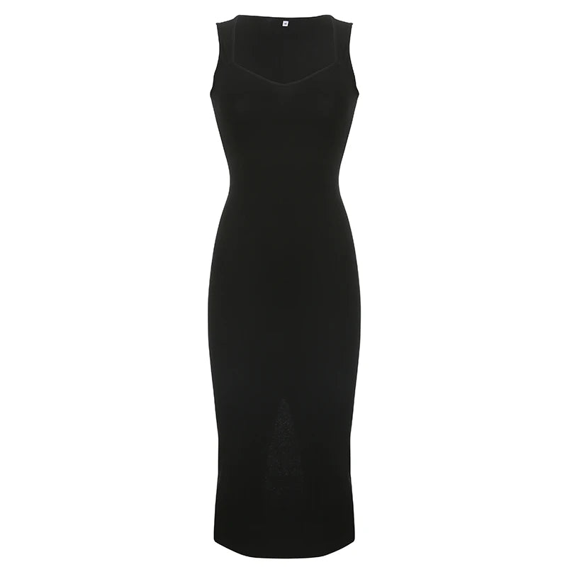 Basic Knit Long Dress Korean Fashion Square Collar Sleeveless Women's Dresses Summer Casual Y2k Vintage All-match Outftis