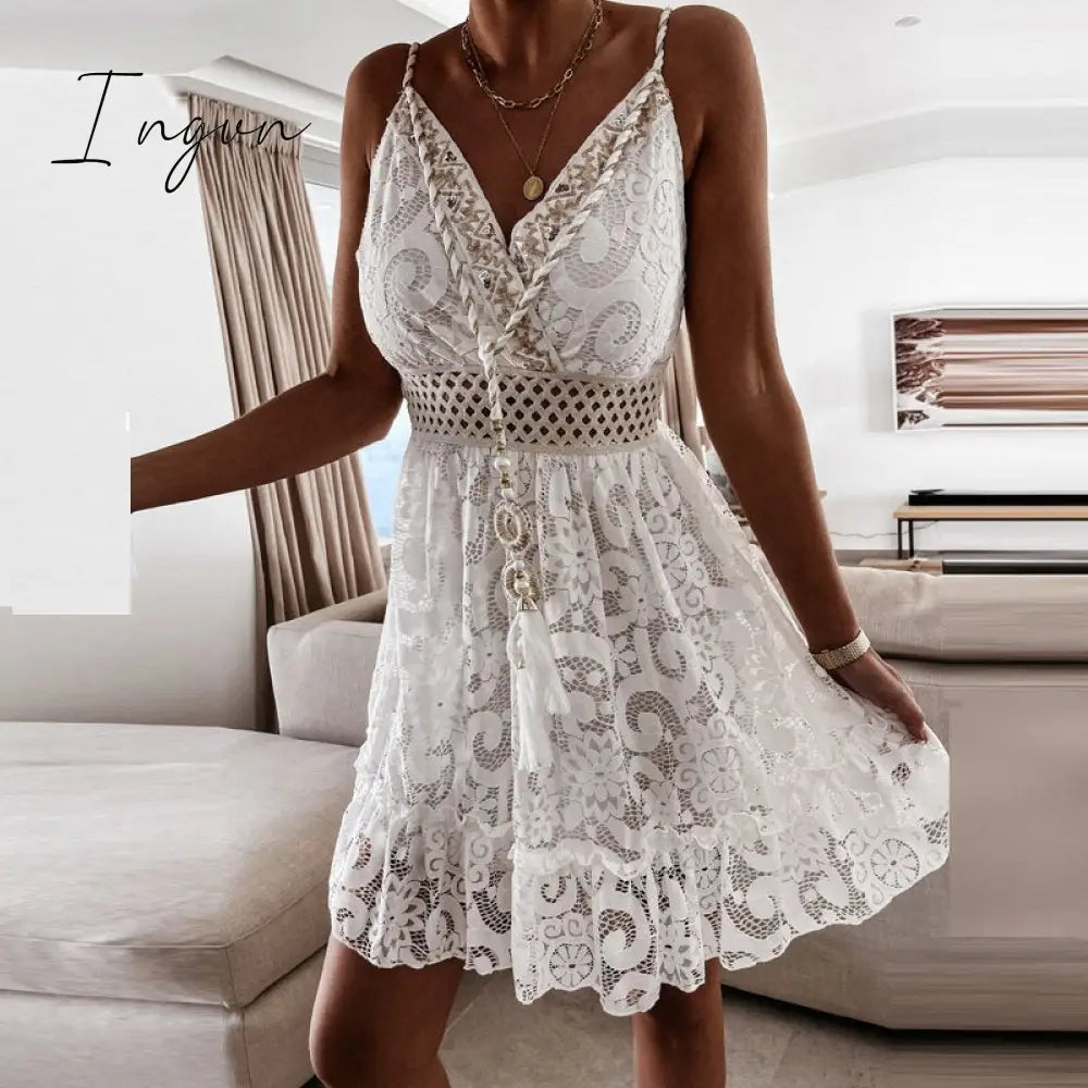 Ingvn - Women Sexy V Neck Tassel Long Dress Summer Sleeveless Off Shoulder Party Dress Elegant Hollow Out Crochet Lace Beach Dress
