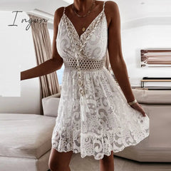 Ingvn - Women Sexy V Neck Tassel Long Dress Summer Sleeveless Off Shoulder Party Dress Elegant Hollow Out Crochet Lace Beach Dress