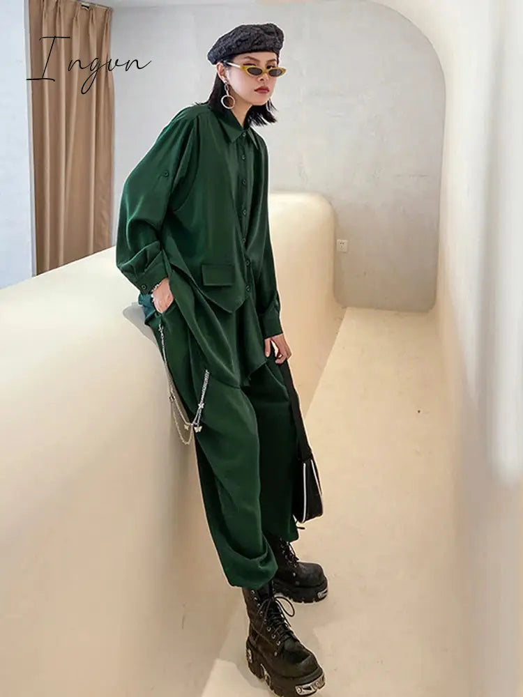 Ingvn - Wide Leg Pants Irregular Big Size Two Piece Suit New Lapel Long Sleeve Loose Fit Women Fashion Spring Autumn