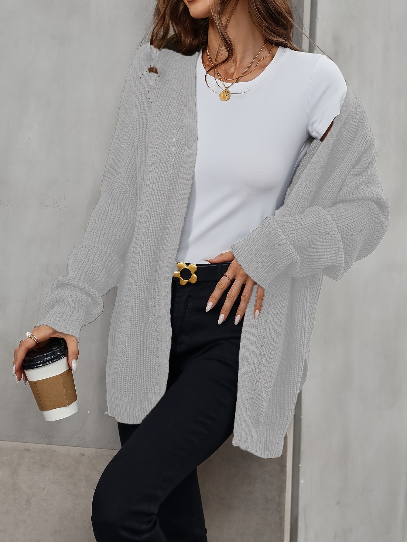 Solid Color Open Front Cardigan, Casual Long Sleeve Cardigan For Fall & Winter, Women's Clothing