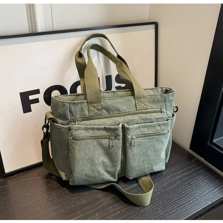 Ingvn  Casual Corduroy Messenger Bags Large Capacity Commuter Mummy Portable Shoulder Bag Multi Layers Camping Tote Bags