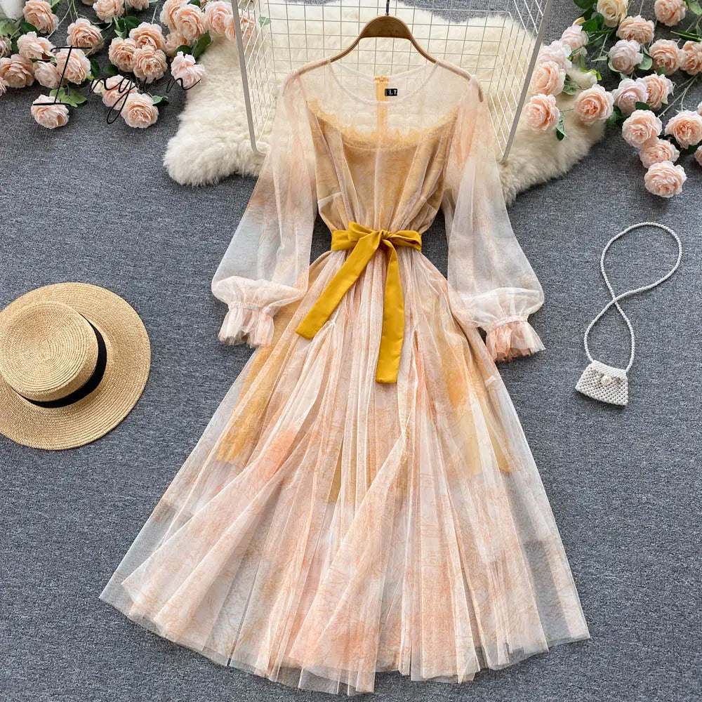 Ingvn - Elegant Women Mesh Dress Vintage Lantern Sleeves Printed Party Dresses Spring Summer Patchwork A Line Bandage Beach Dress