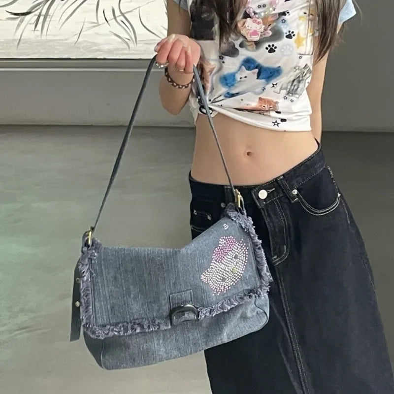 Ingvn  Hello Kitty Vintage Shoulder Bag for Women Y2k Denim American Style Original Armpit Bag Literary Harajuku Fashion Handbag