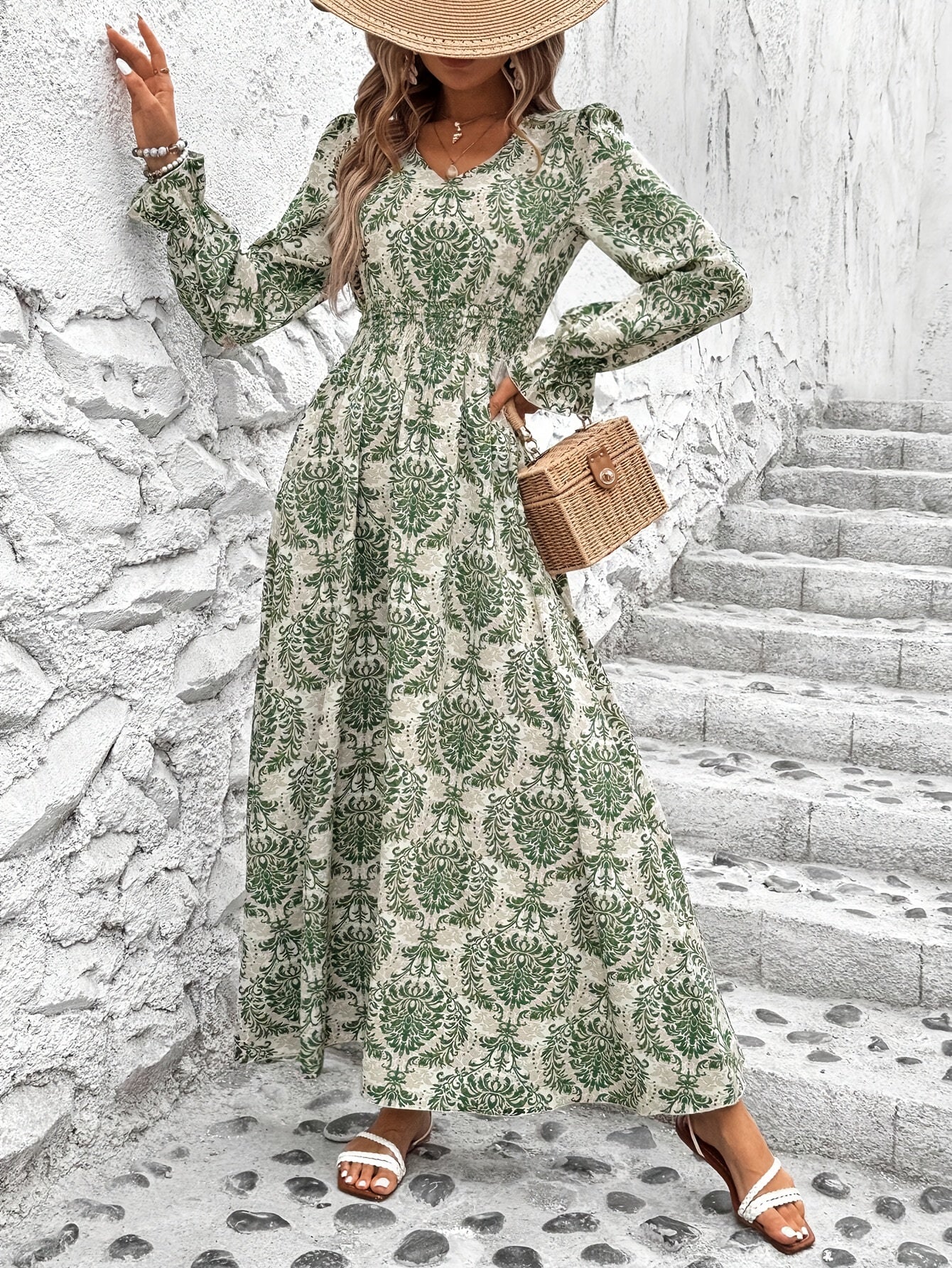 Paisley Print V Neck A-line Dress, Elegant Cinched Long Lantern Sleeve Dress For Spring & Fall, Women's Clothing