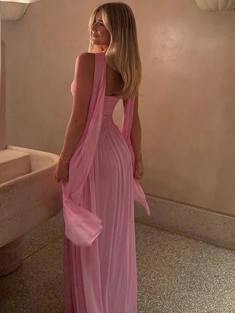 Temperament Mesh Patchwork Maxi Dress Women Solid Scarf+Sexy Backless Strapless Ruffles Midnight Banquet Party Outfits