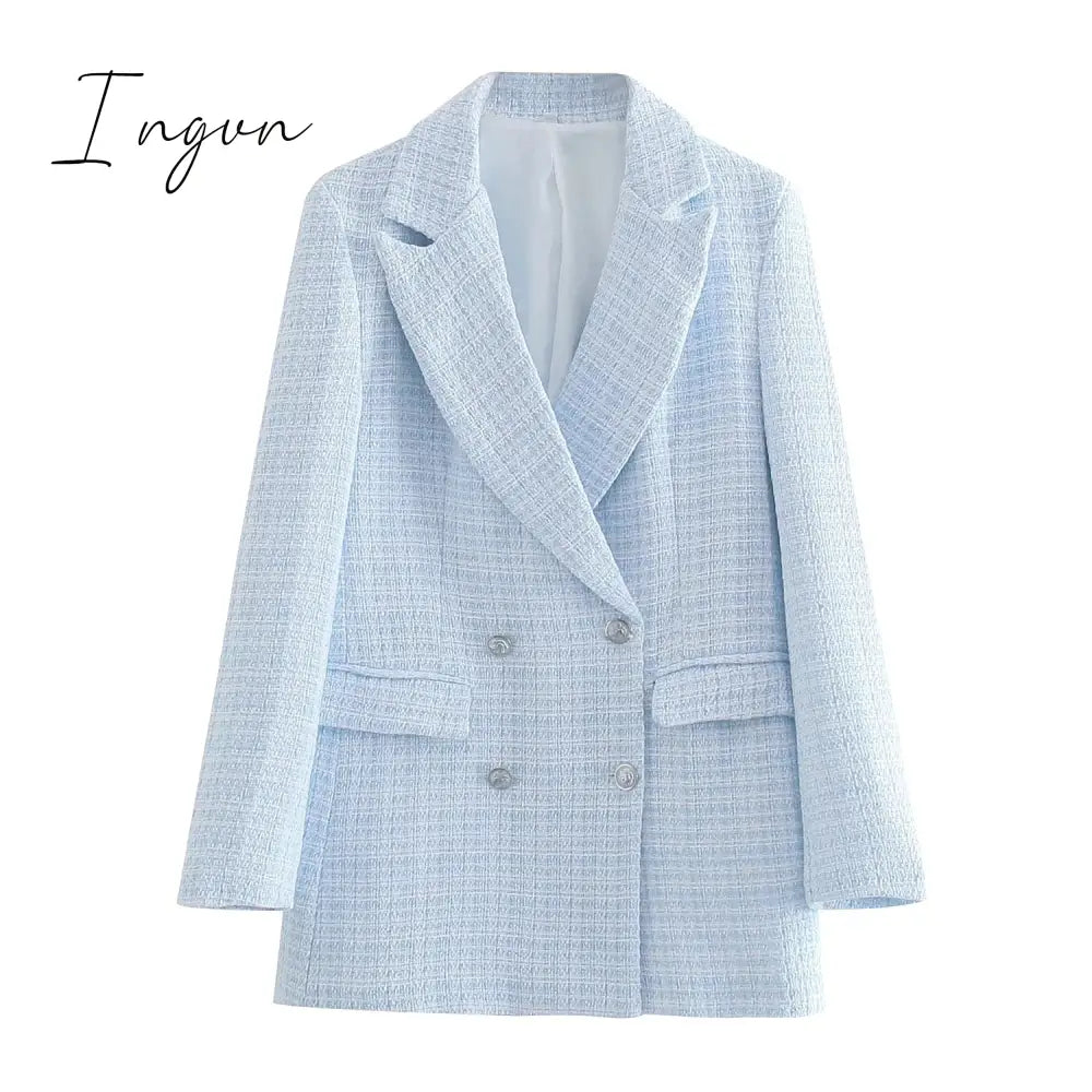 Ingvn - Fashion Casual Double Breasted Tweed Women Blazer Coat New Long Spring Autumn Jackets Coats Female Chic Office Lady Tops