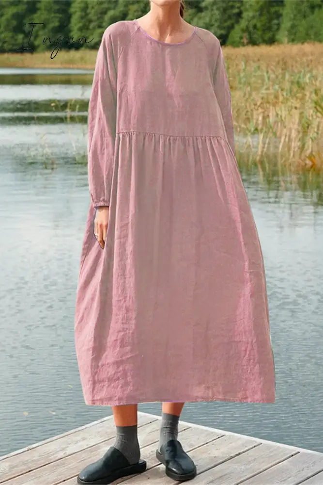 Ingvn - Casual Simplicity Solid O Neck Long Sleeve Dresses