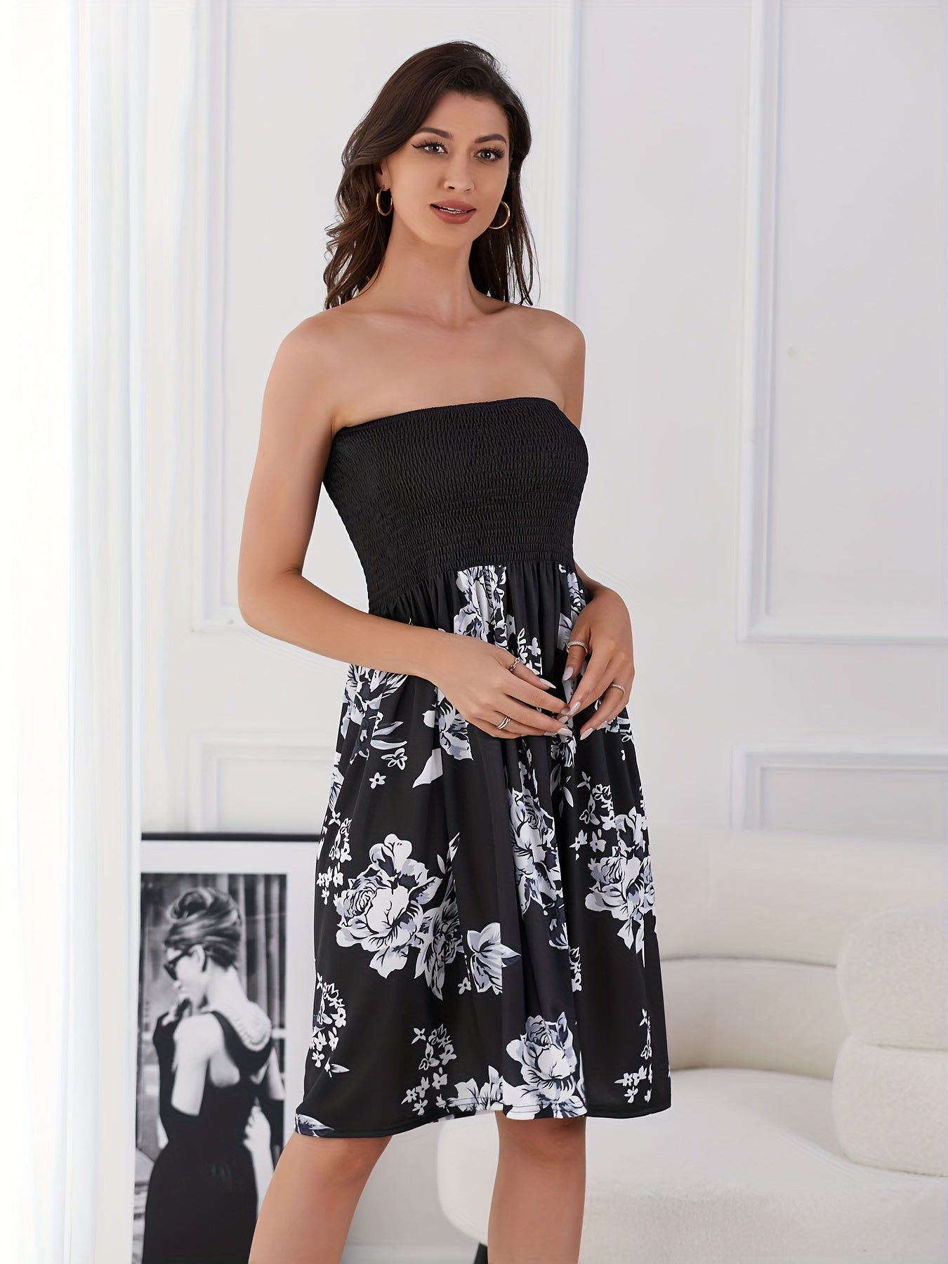 Vibrant Floral Print Tube Midi Dress - Sleeveless, Shirred, Bodycon, Feminine, Summer Essential - Women's Clothing, Sexy and Chic