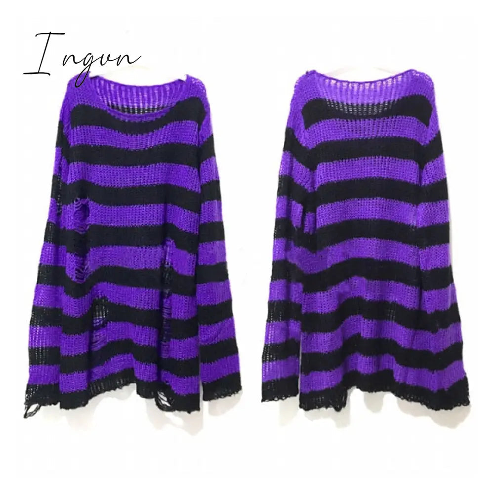 Ingvn - Punk Gothic Long Unisex Sweater  Summer Women Striped Cool Hollow Out Hole Broken Jumper Loose Rock Thin Dark Streetwear Top
