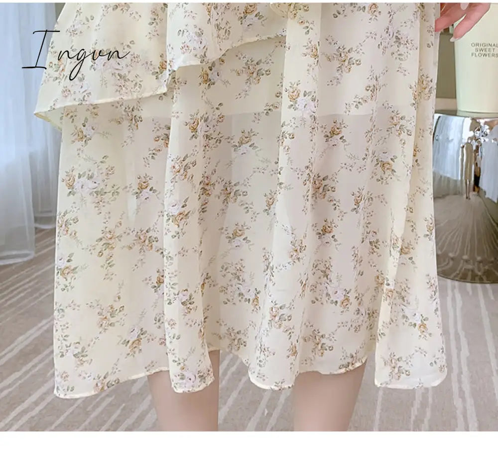 Ingvn - Women Mini Dress Spring New V-neck Floral Chiffon Dress High Waist Flare Sleeve Female Dress Woman's Dress KarolyiDora KA88