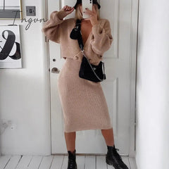 Ingvn - Sexy v-neck women knitted skirt suits Autumn winter batwing sleeve 2 pieces Elegant party female sweater blue dress