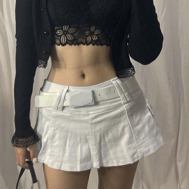 Harajuku Y2k Denim Skirt Women Dark Gothic Streetwear Mini Skirt with Skull Belt Mall Goth Punk Grunge Sexy Emo Clubwear