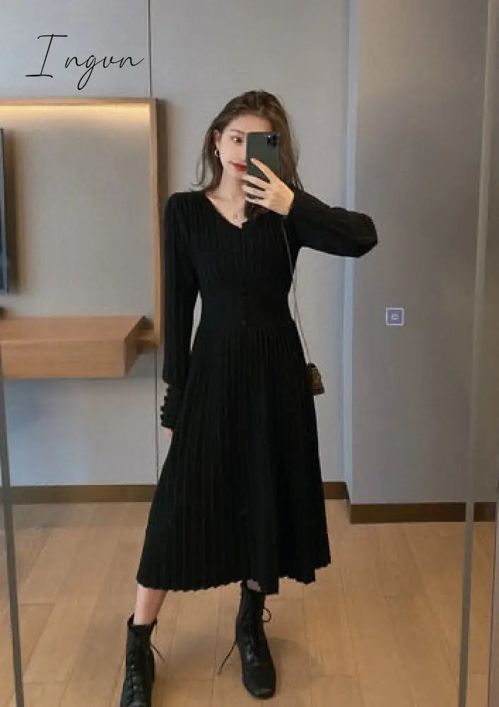 Ingvn - Knitted Dress Women Casual Long Sleeve Vintage Elegant Office Sweater Dress Female Spring One-piece Dress Korean Outerwear