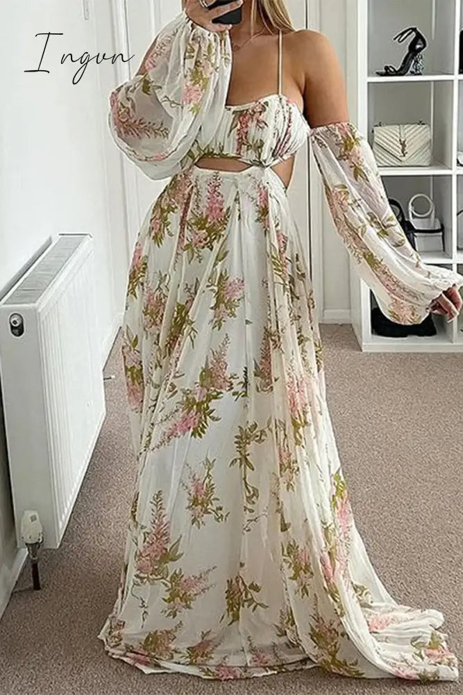 Ingvn - Elegant Floral Frenulum Backless V Neck Printed Dress Dresses
