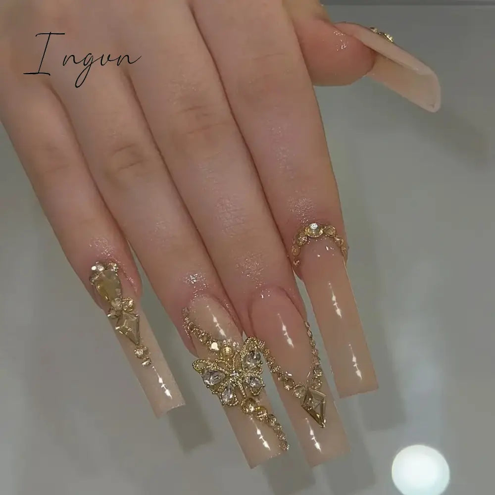 24pcs French rhinstones artifical nails with glue full cover false nails detachable coffin fake nail bling press on nails
