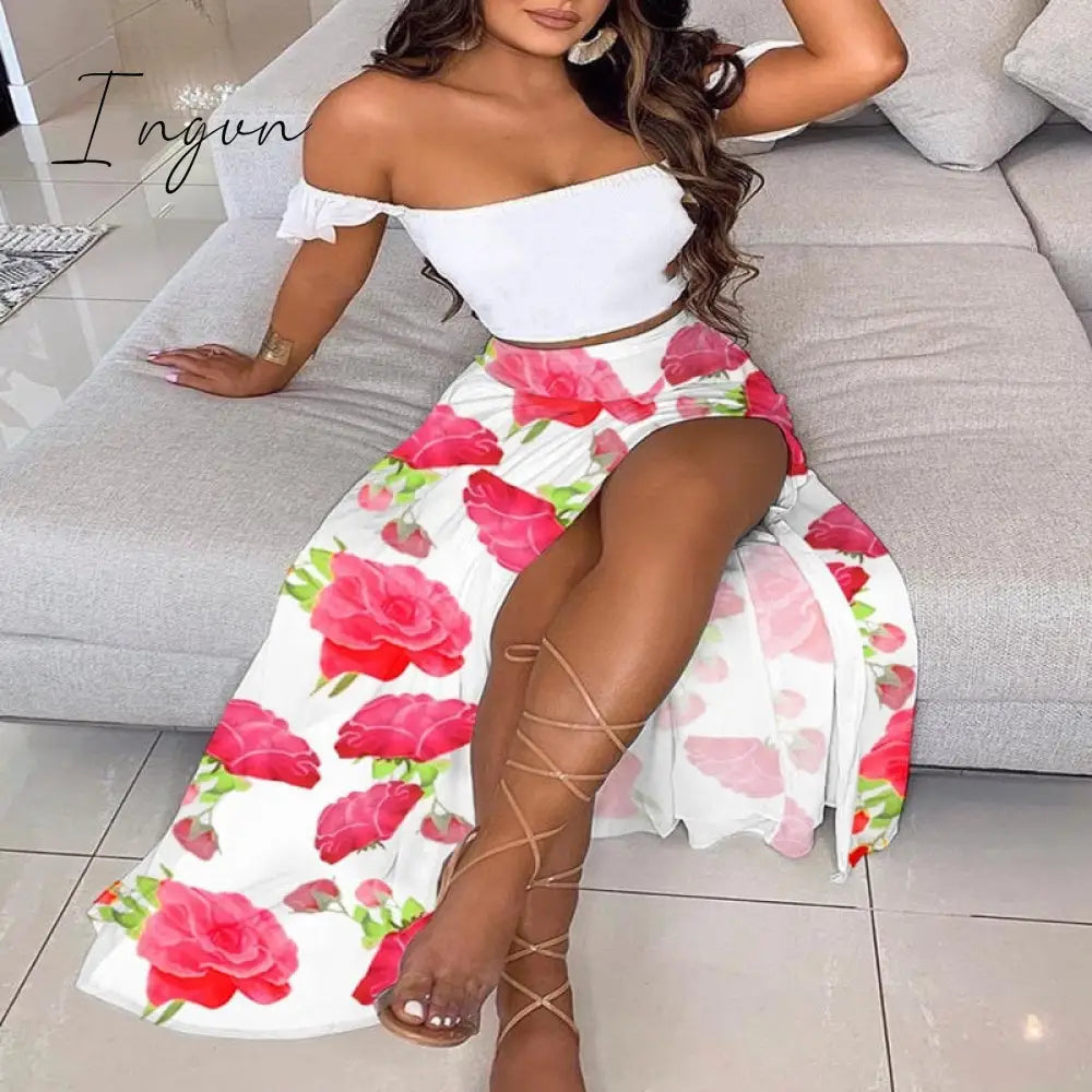 Ingvn - Off Shoulder Women Two Piece Set Sexy Slash Neck Top and Slit Summer Long Party Dress Suits Spring Floral Print Skirts Sets