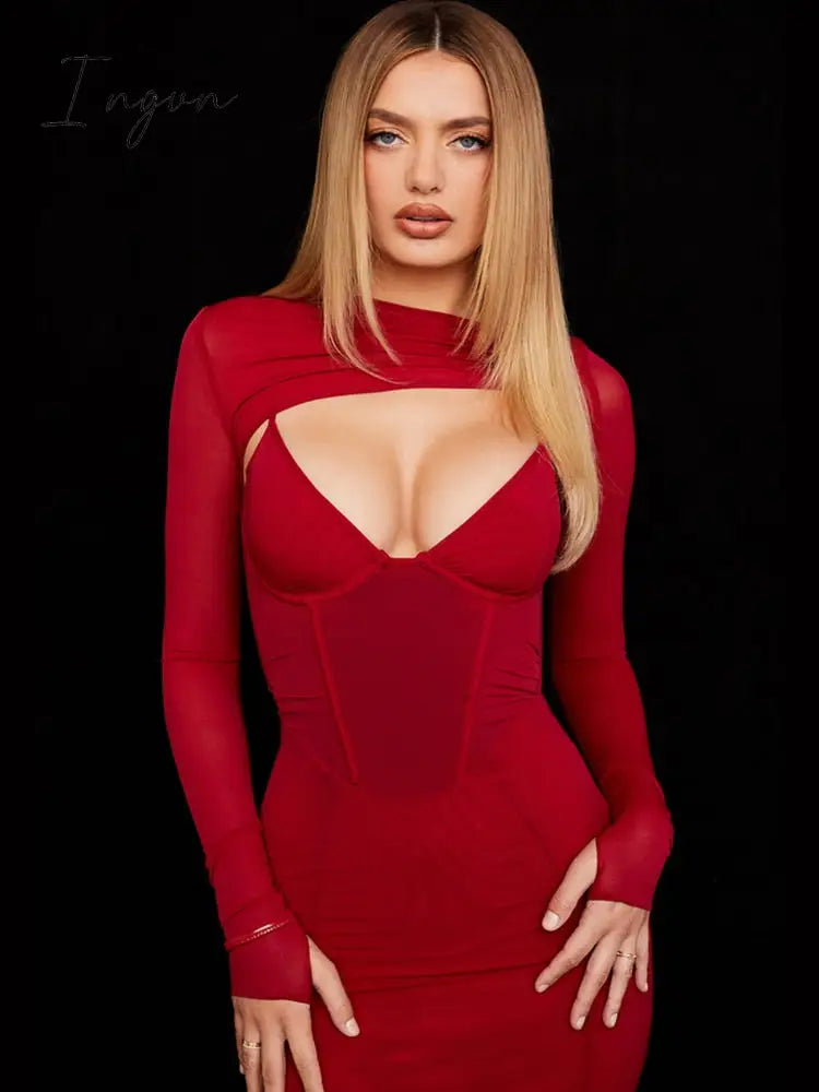 Ingvn - Spring Autumn Dresses for Women Winter Long Sleeve Padded Corset Hollow Out Lined Wedding Guest Dress Holiday Party Outfit Women Bodycon Elegant Dress