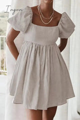 Ingvn - Casual Simplicity Solid Patchwork Square Collar Princess Short Sleeve Dress
