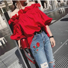 Ingvn - Ruffles Fashion Woman Blouse Off the shoulder Youth Elegnat Blouses Luxury Tops Designer Puff sleeve Korean New