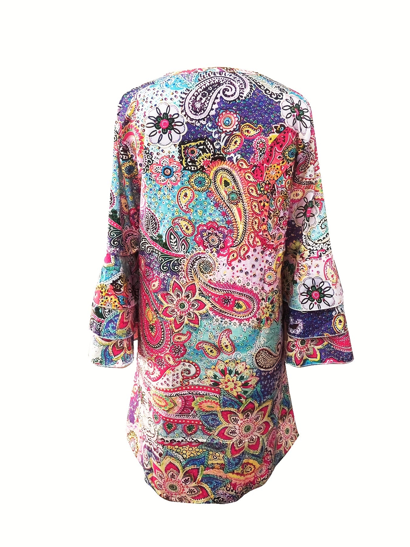 Bohemian Paisley Print Dress - Flowy Layered Skirt - Bell Sleeves - Perfect for Beach Holidays & Casual Summer Days, Womens Fashion