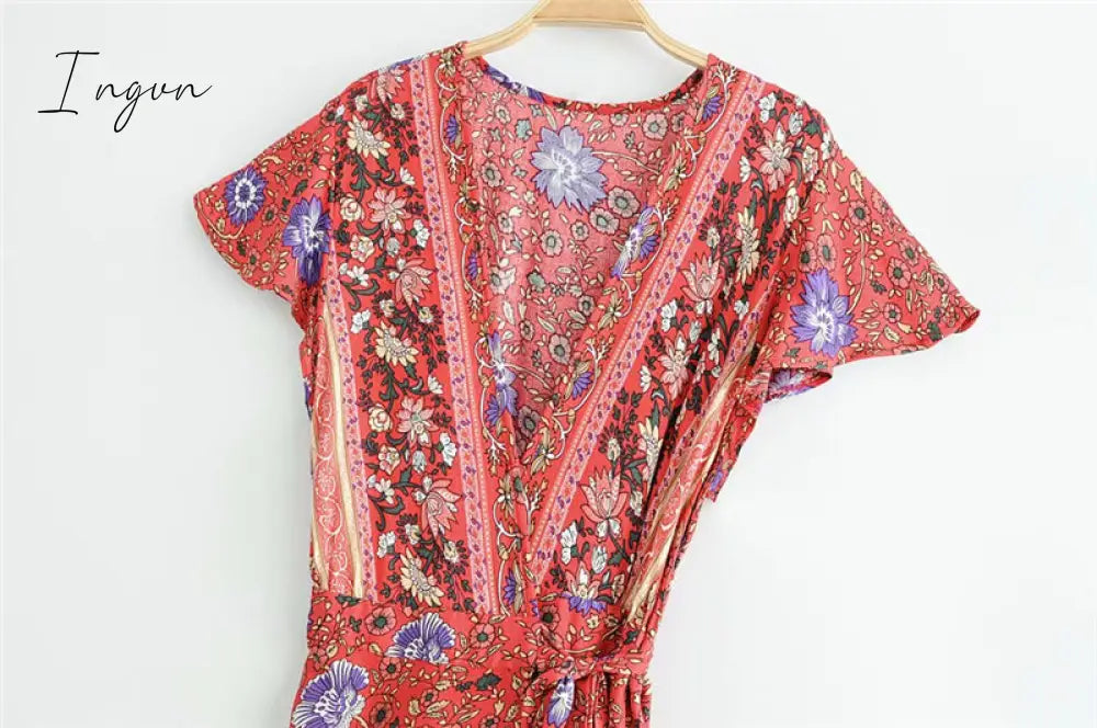 Ingvn - Vintage chic vestidos women Floral print bat sleeve beach long Bohemian maxi dress Ladies sexy V neck  Summer Boho happie  dress