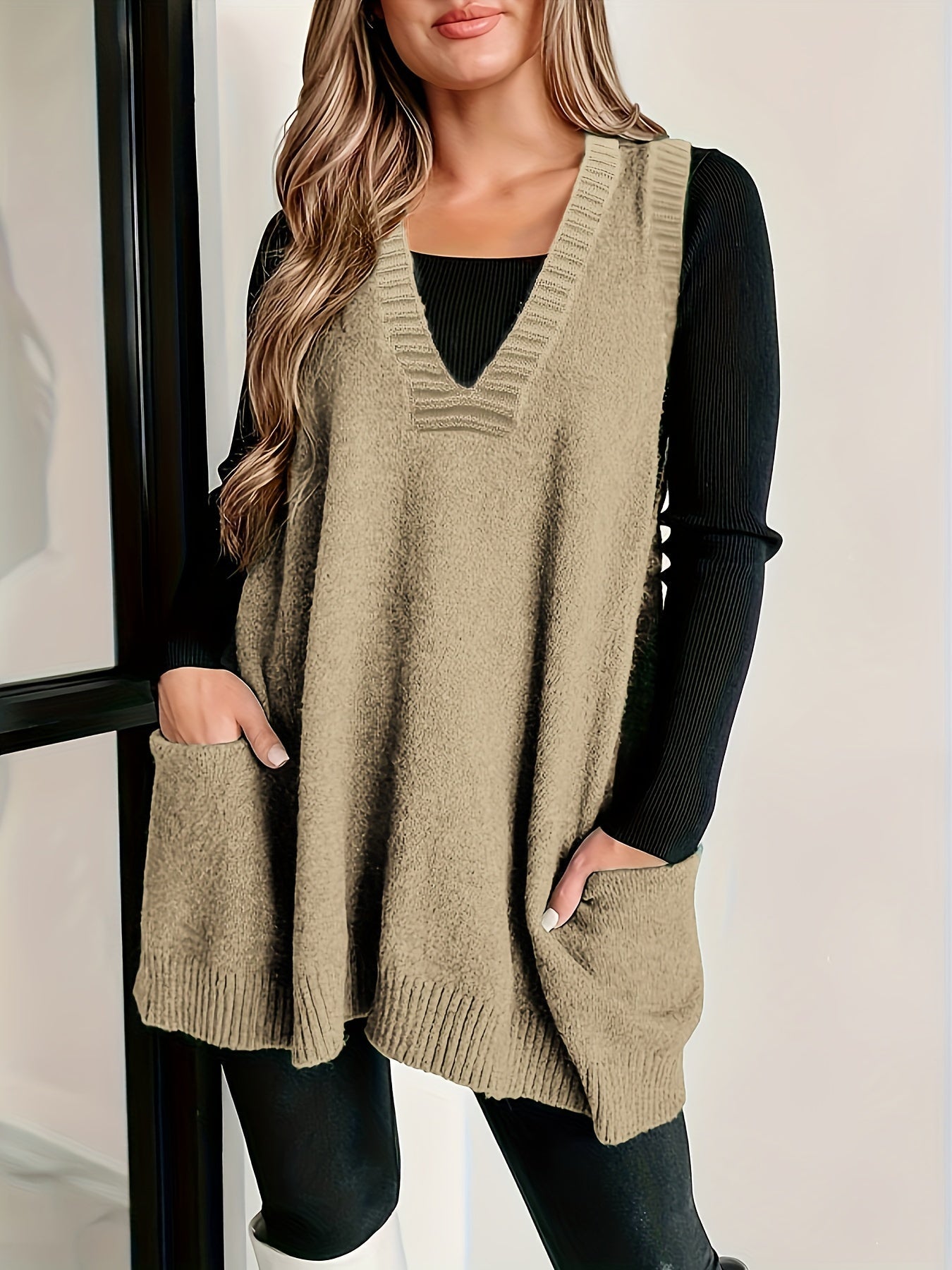 Plus Size Solid Knit Sweater Vest, Casual V Neck Sleeveless Sweater For Fall & Winter, Women's Plus Size Clothing