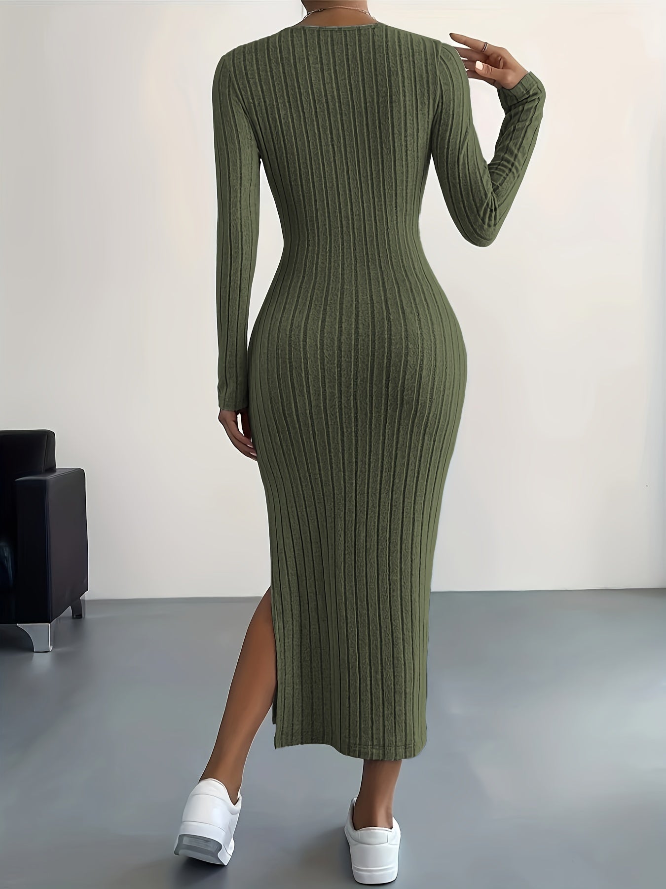 Long Sleeve Bodycon Ribbed Knit Dress - Sexy Crew Neck Split Thigh Slim Fit with Mid Elasticity - Machine Washable Polyester Fabric for Fall/Winter Season