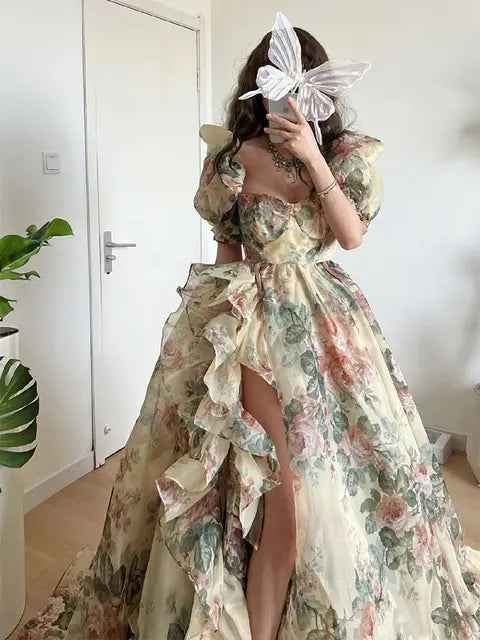 Floral Print Evening Party Dress Women Puff Sleeve Elegant Princess Long Dres Ladies France Vintage Open Fork Dress Summer