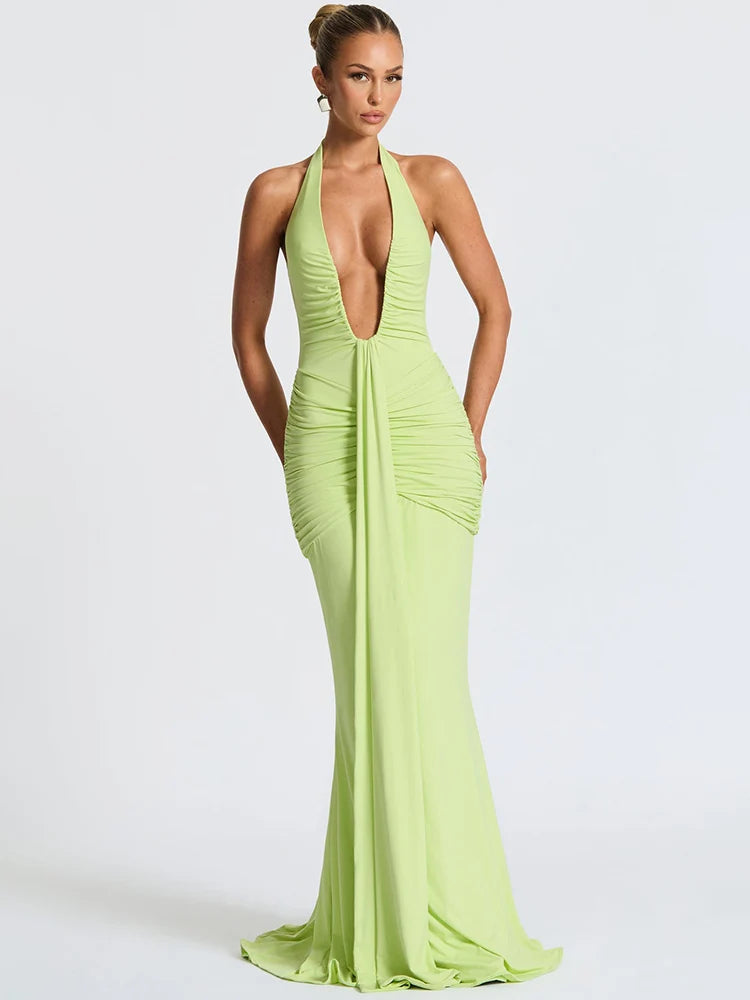 Deep V Neck Backless Ruched Sexy Maxi Dress Women Gown Summer Halter Sleeveless Draped Club Party Long Dress