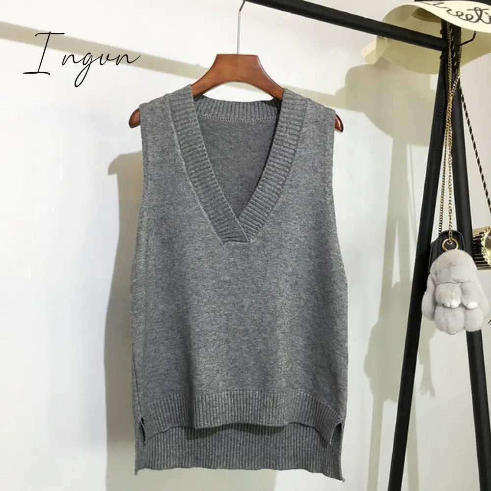 Ingvn - Women V Neck Sweater Vest Korean Preppy Style Solid Knitted Sleeveless Sweater Female Autumn Winter Casual Loose Pullover Jumper
