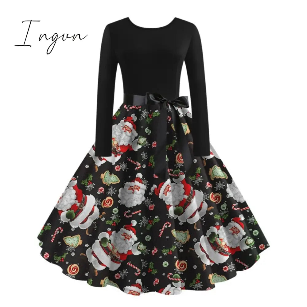 Ingvn - Christmas Halloween Costumes  Retro Positioning Print Party Casual Long Sleeve Round Neck Swing Dress
