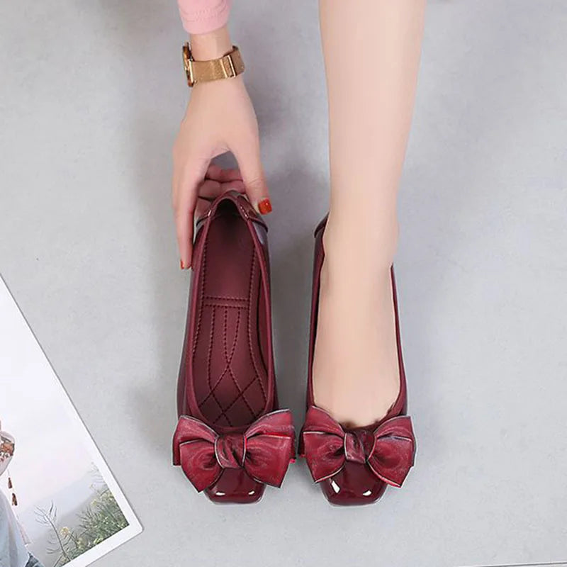 Fashion Square Toe Women Flats Shoes Bow Women Shoes Patent Leather Casual Single Spring Ballerina Shallow Mouth Loafers Shoes