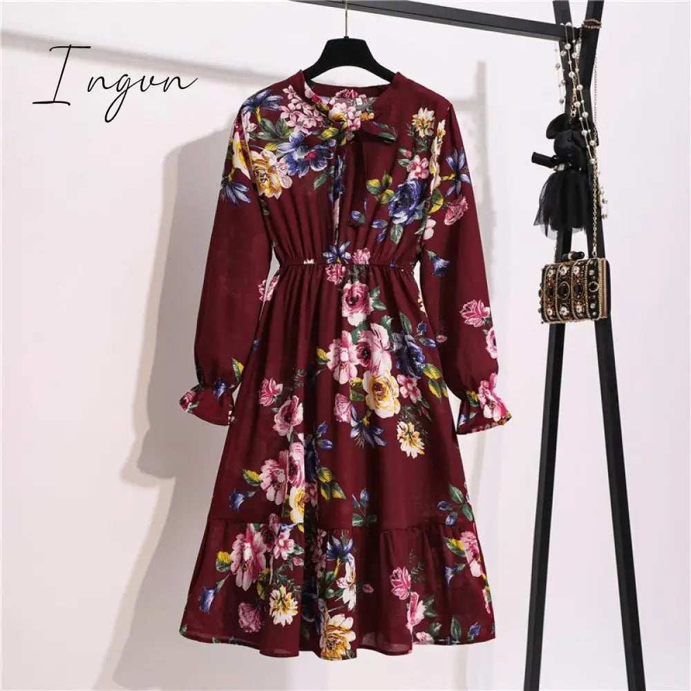 Ingvn - 11 Style Beautiful Fashion Summer Women Long Sleeve Dress Retro Collar Casual High Waist Dresses Floral Print Chiffon Clothing