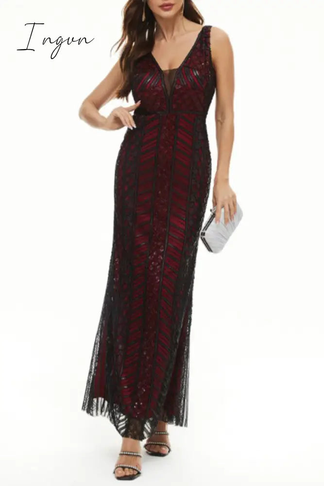 Ingvn - Sexy Formal Patchwork V Neck Evening Dress Dresses