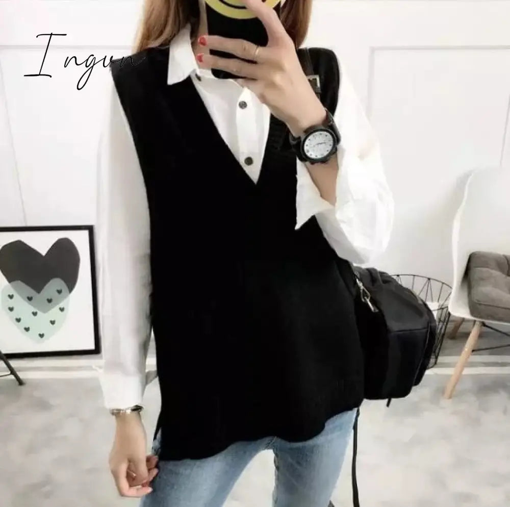 Ingvn - Fashion Women Knitted Vest Pullovers V Neck Sleeveless Houndstooth Knitted Jumper Pullovers Korean Loose Plaid Sweater Vest