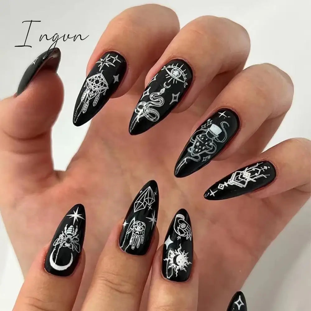 24Pcs Y2k Nails Set Press On False Nails Coffin Fake Nails with Charm Gradient Black Designs Reusable Artificial Nail Tips 2024