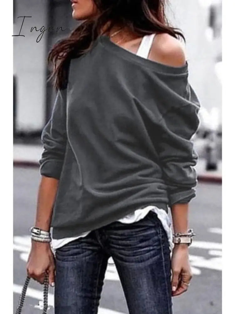 Ingvn - Women's Pullover Sweatshirt Heart Printed Long Sleeve One Shoulder Tops Autumn Winter Sweat Shirts Woman Casual Top